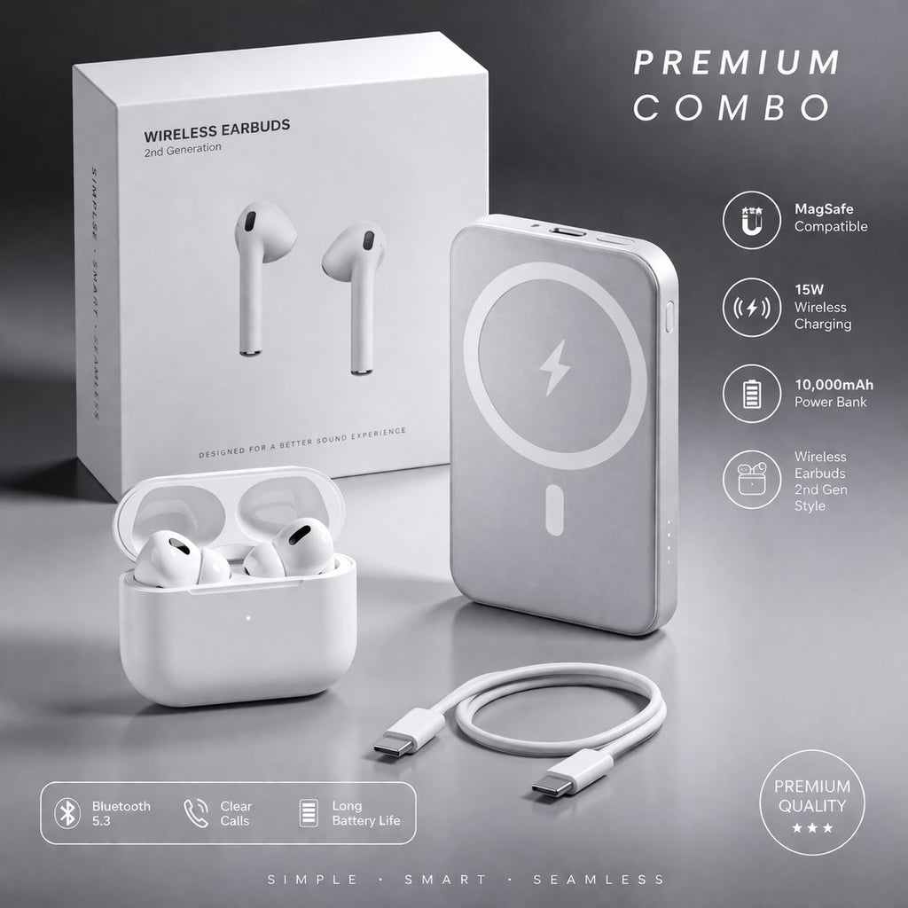 Wireless Earbuds + Magnetic Power Bank Combo – HD Sound | Fast Charging